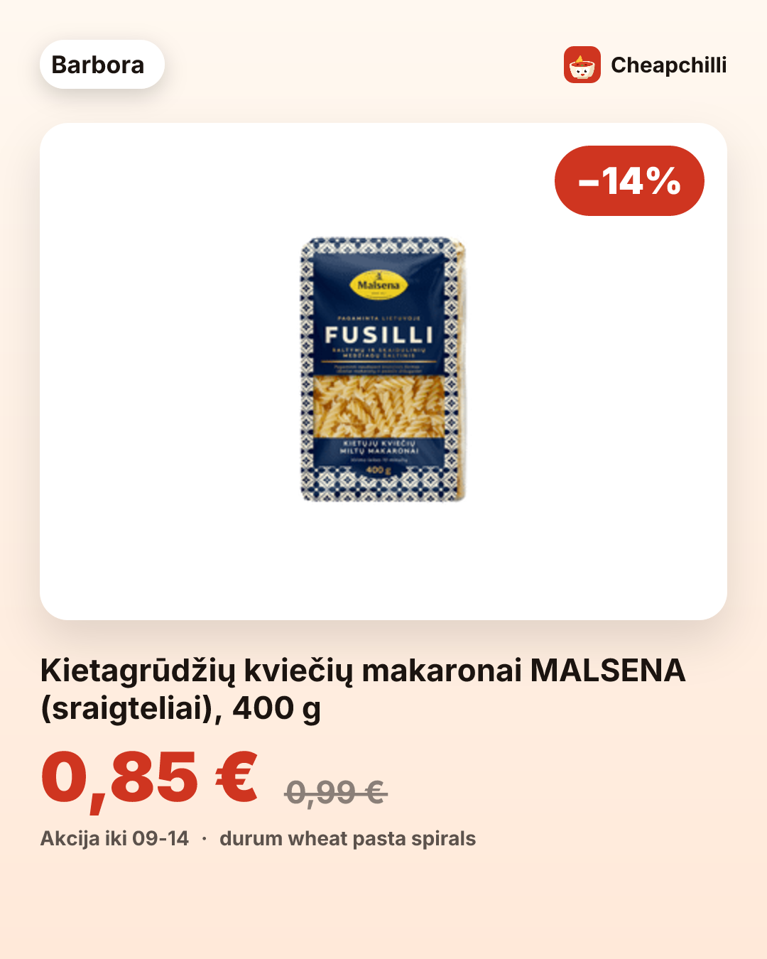Kietagrūdžių kviečių makaronai MALSENA (sraigteliai), 400 g