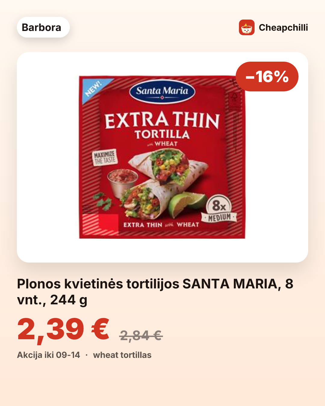 Plonos kvietinės tortilijos SANTA MARIA, 8 vnt., 244 g