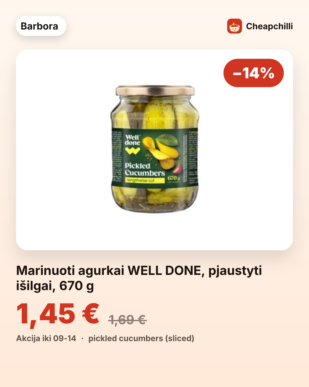 Marinuoti agurkai WELL DONE, pjaustyti išilgai, 670 g