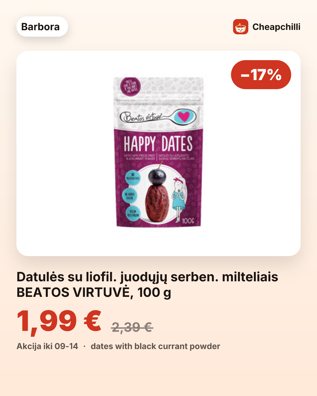 Datulės su liofil. juodųjų serben. milteliais BEATOS VIRTUVĖ, 100 g